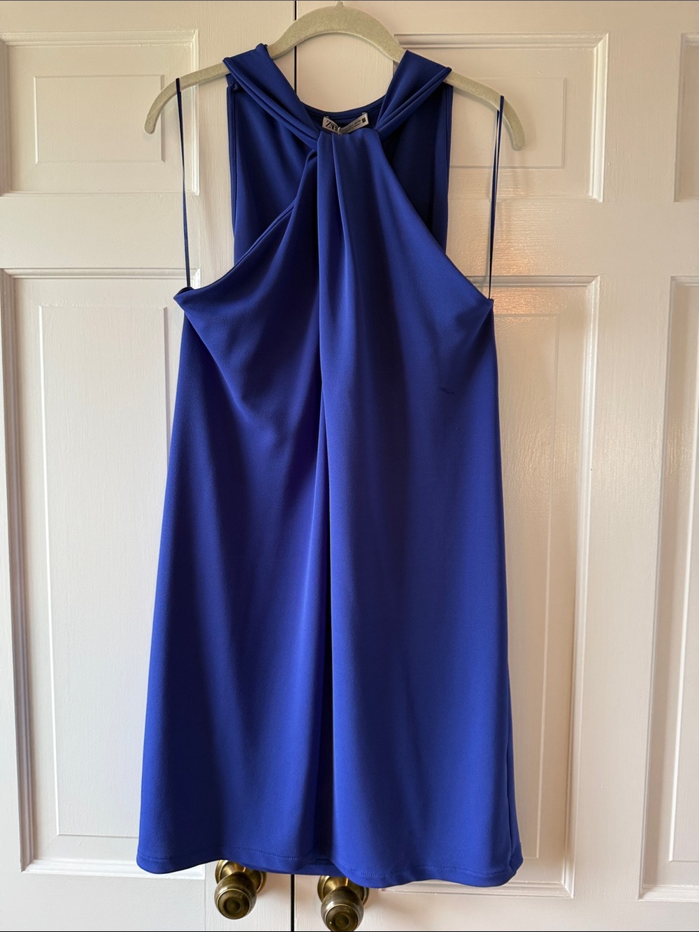 NWT Zara Royal Blue Twist-Neck Sleeveless Halter Shift Dress Size Large